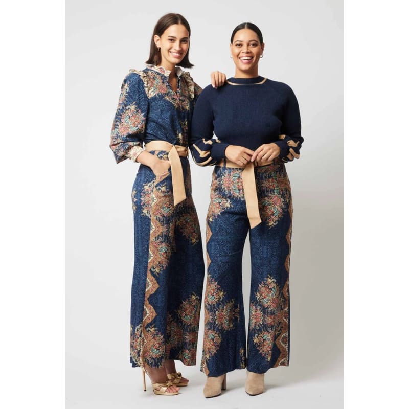 Imperial Linen Viscose Wide Leg Pant | Oriental Print - Bottoms