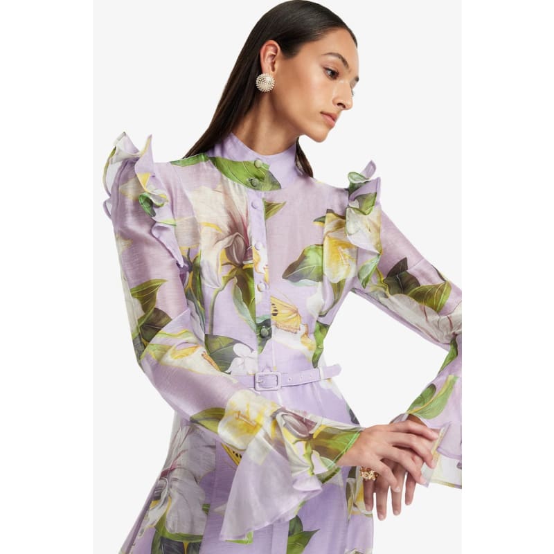 Katrina Butterfly Sleeve Midi Dress | Lily Blossom Print In Lilac - Dress