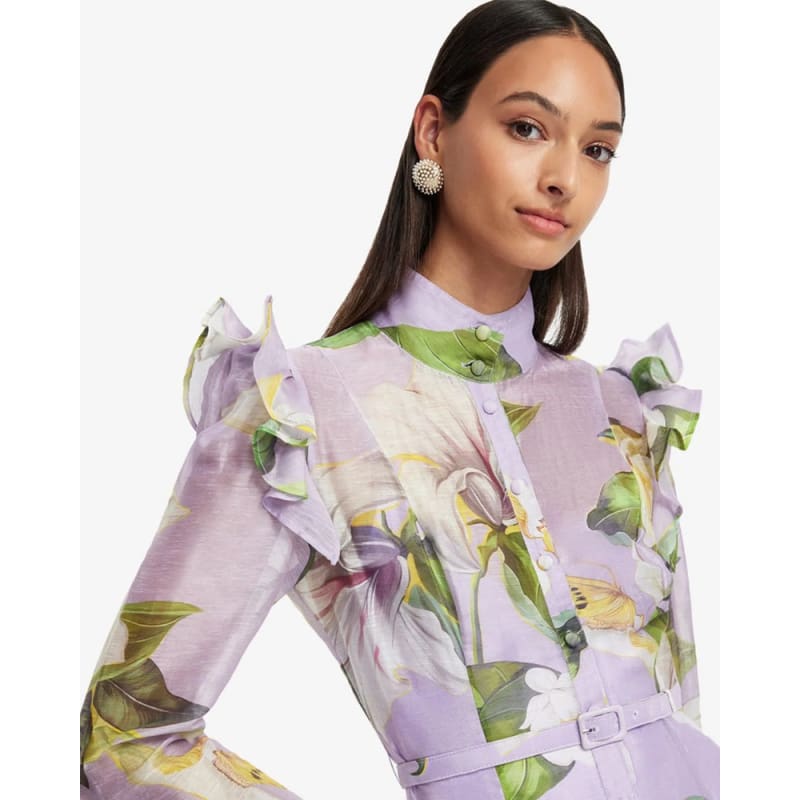 Katrina Butterfly Sleeve Midi Dress | Lily Blossom Print In Lilac - Dress