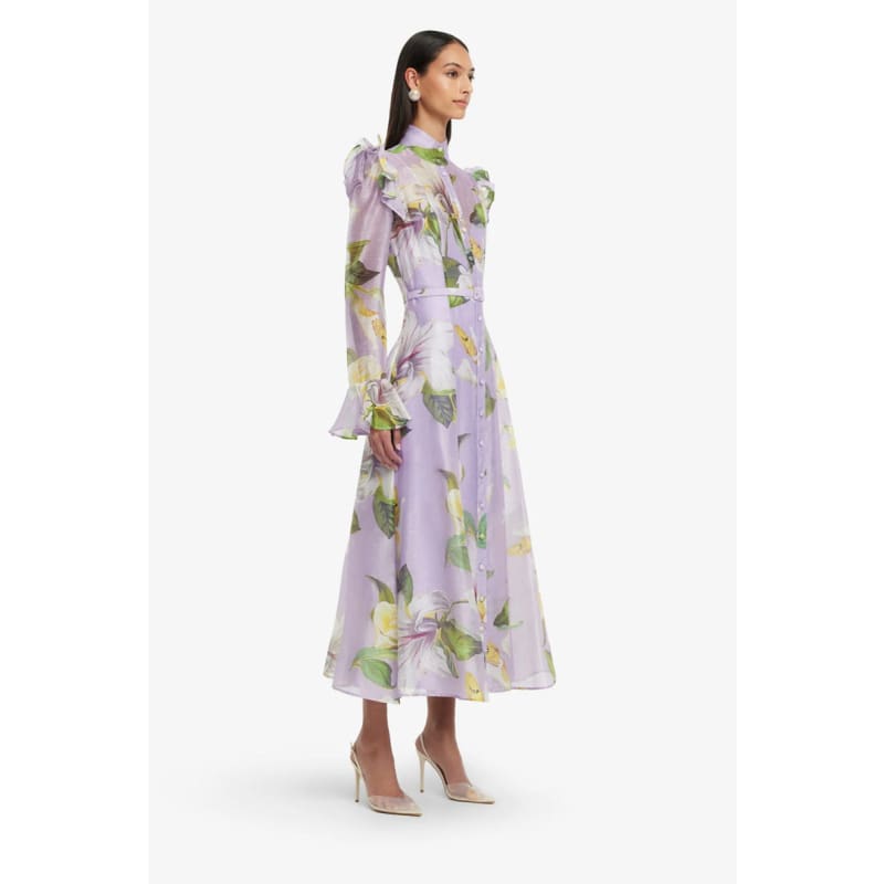 Katrina Butterfly Sleeve Midi Dress | Lily Blossom Print In Lilac - Dress