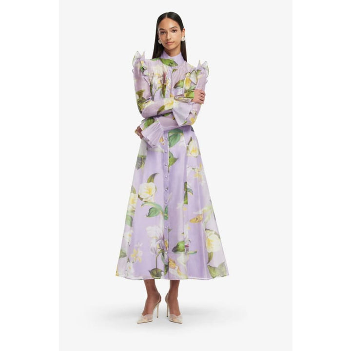 Katrina Butterfly Sleeve Midi Dress | Lily Blossom Print In Lilac - Dress