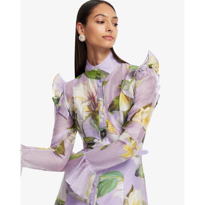 Katrina Butterfly Sleeve Midi Dress | Lily Blossom Print In Lilac - Dress