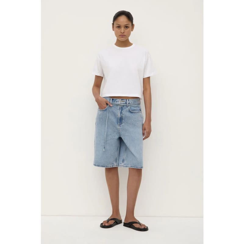 Loose Fit Long Denim Short | Mid Stone Wash - Bottoms