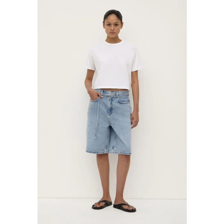 Loose Fit Long Denim Short | Mid Stone Wash - Bottoms