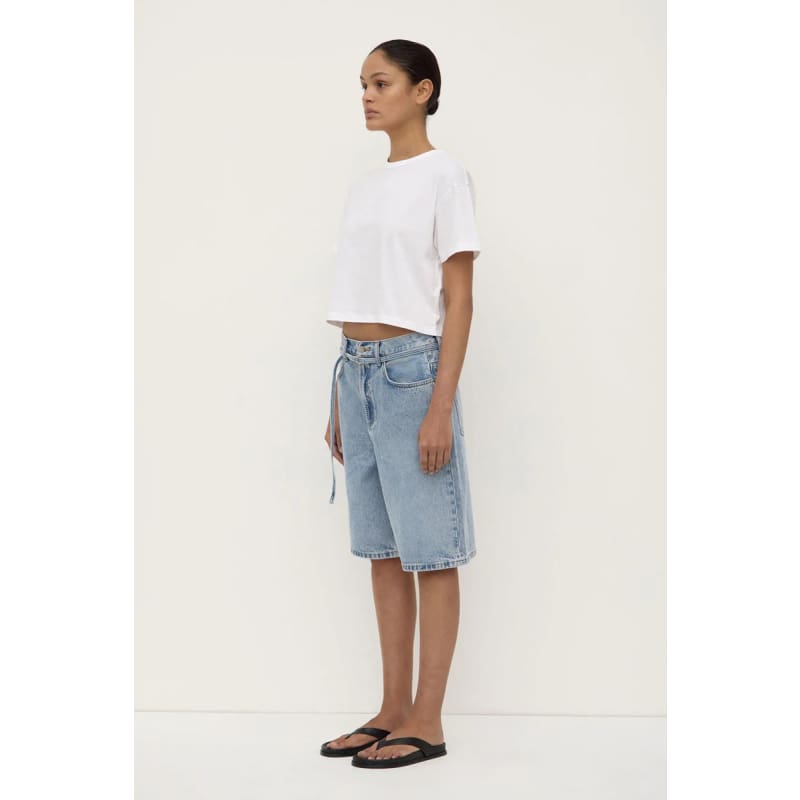Loose Fit Long Denim Short | Mid Stone Wash - Bottoms