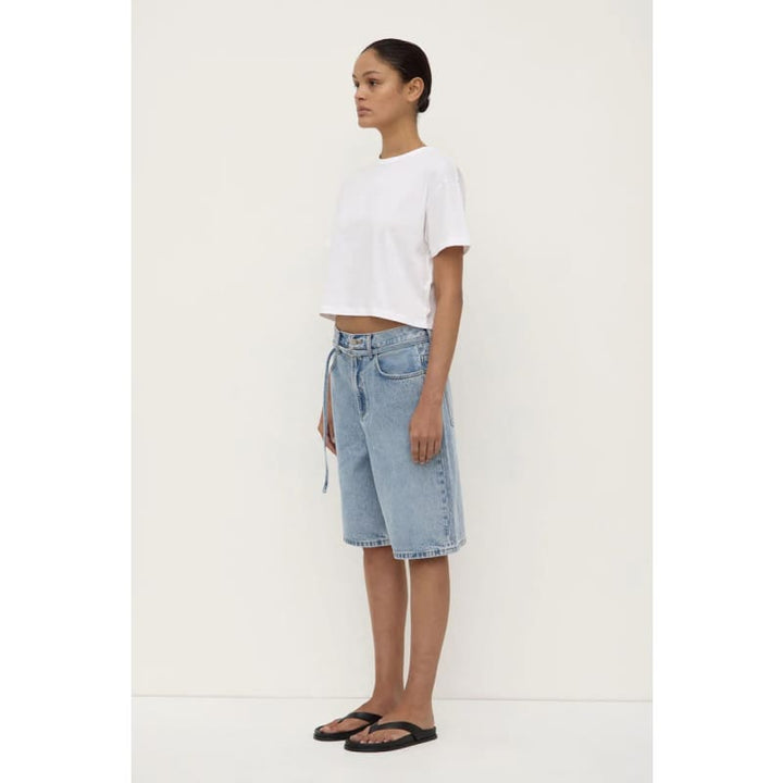 Loose Fit Long Denim Short | Mid Stone Wash - Bottoms