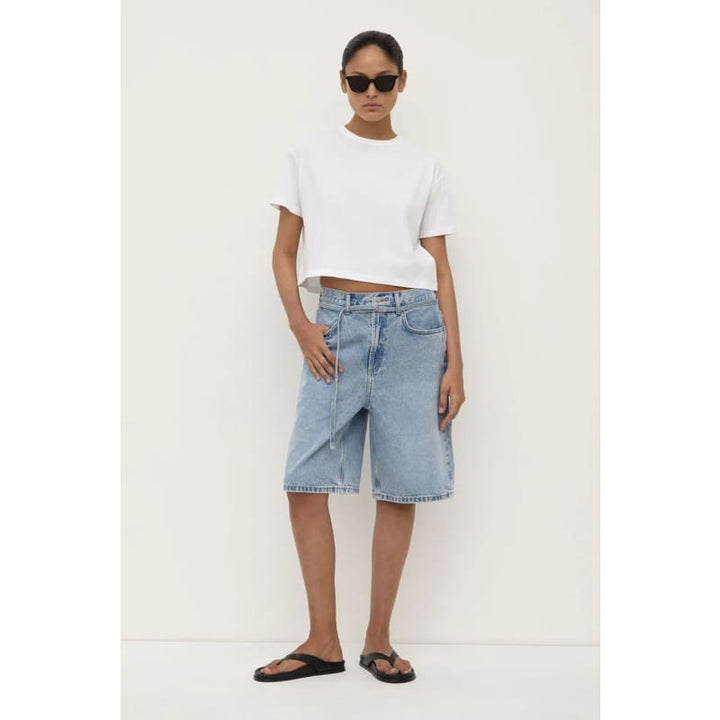 Loose Fit Long Denim Short | Mid Stone Wash - Bottoms