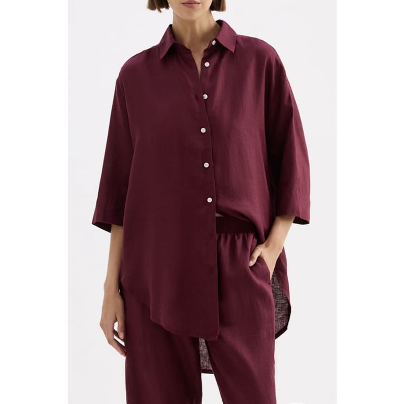 Lounge Linen Longline Shirt | Merlot - Tops