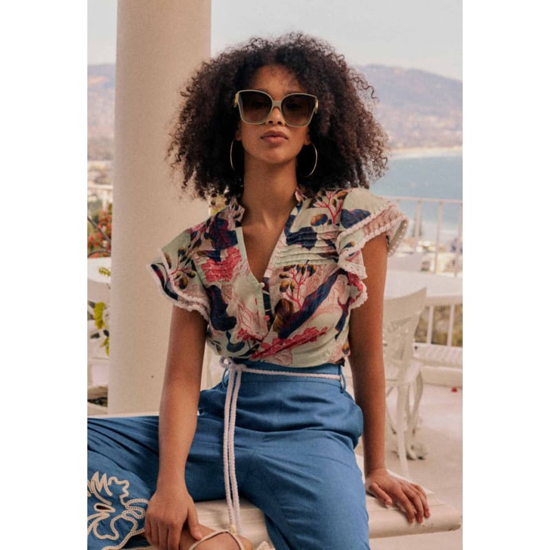 Luma Cotton Silk Flutter Sleeve Top | Oasis Flora - Tops