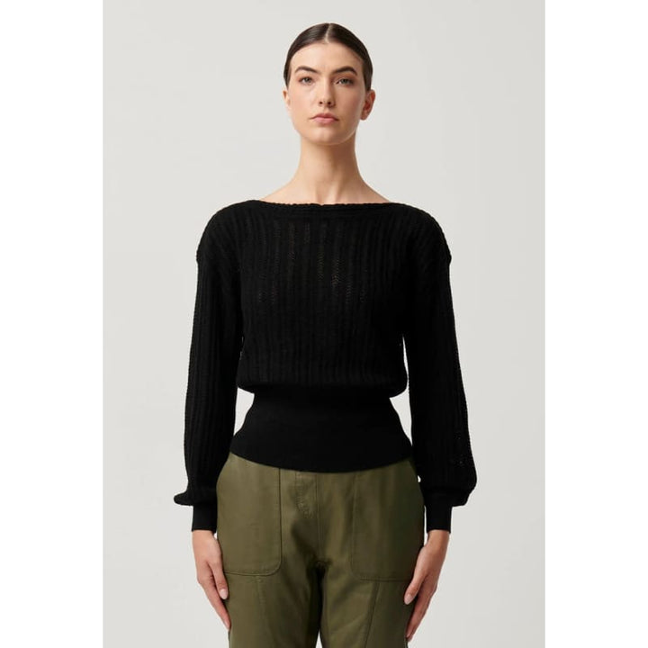 Marley Merino Cotton Braided Pointelle Knit Top | Black - General