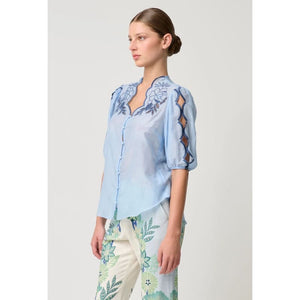 Martinique Cotton Silk Embroidered Top | Sky - Tops