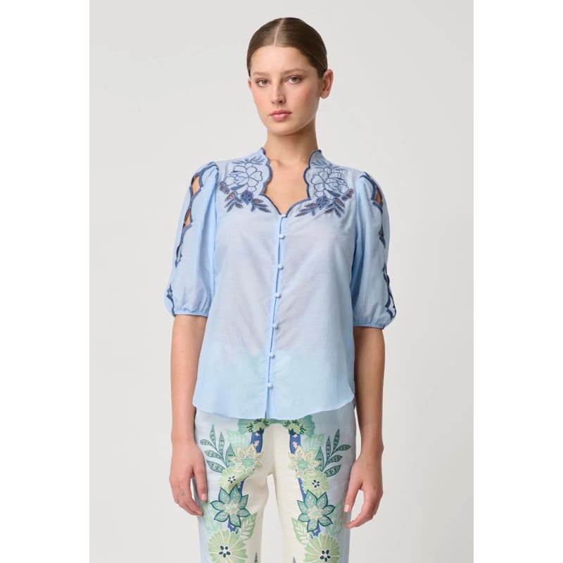 Martinique Cotton Silk Embroidered Top | Sky - Tops