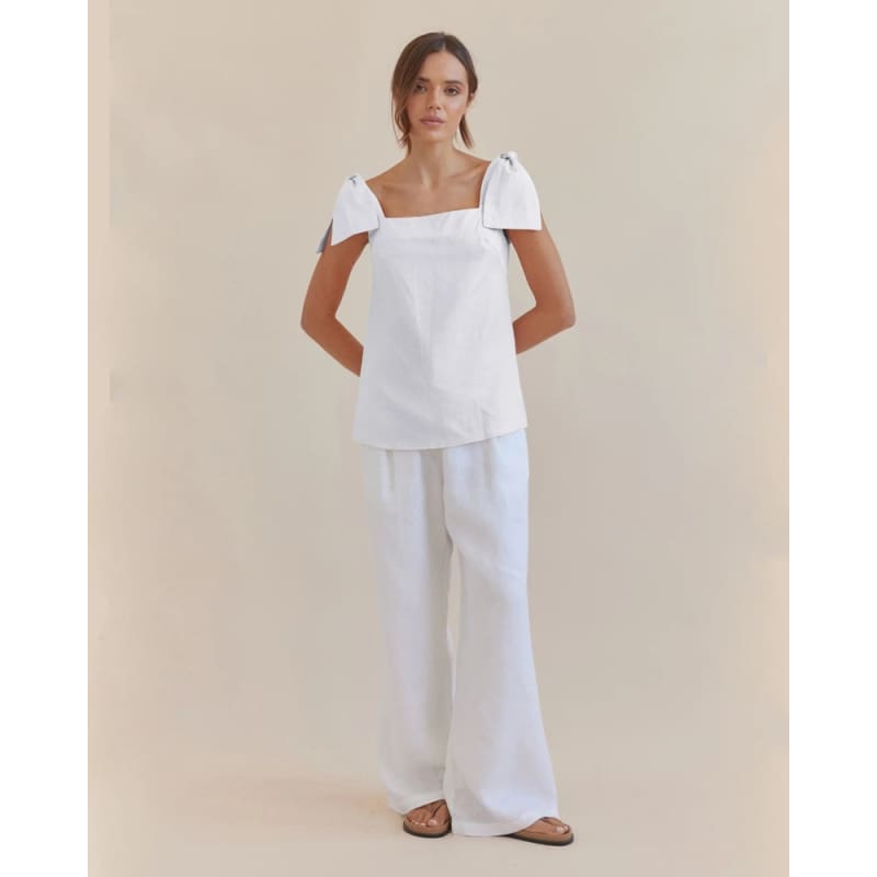 Mavie Bow Linen Top | Ivory - Tops