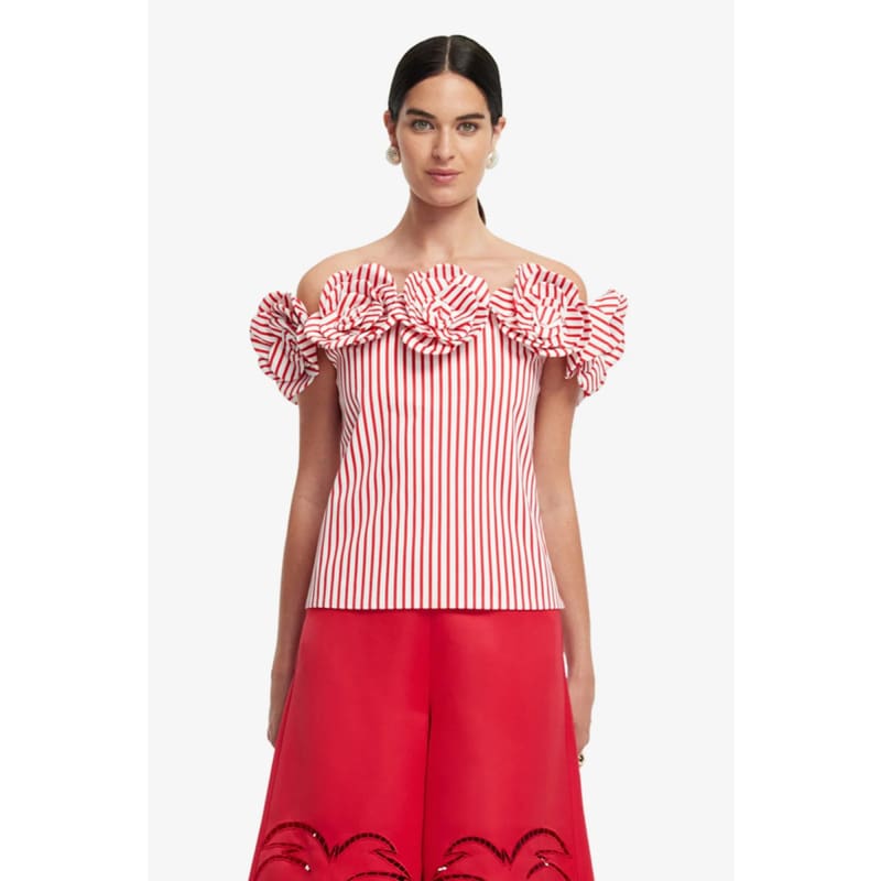 Mckayla Off Shoulder Top | Stripes in Scarlet - Tops