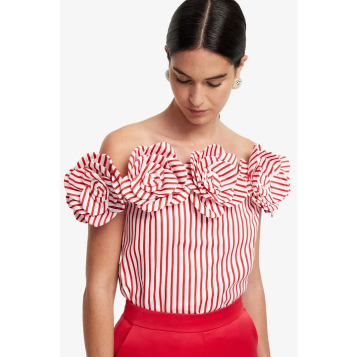 Mckayla Off Shoulder Top | Stripes in Scarlet - Tops