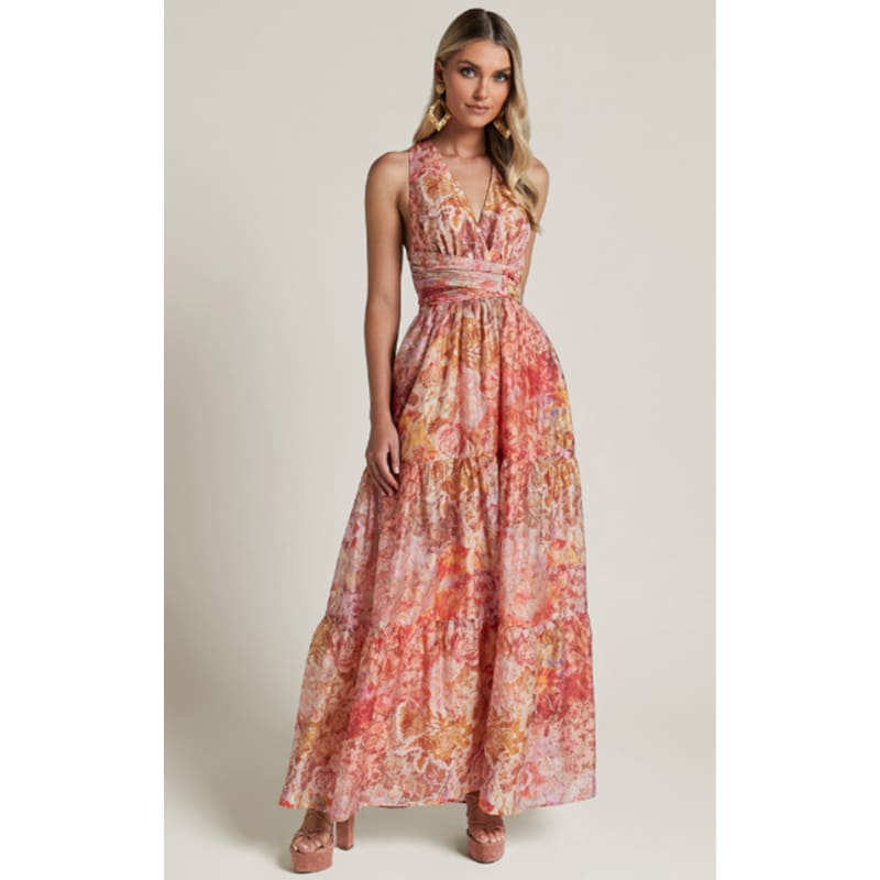 Monte Plunge Neck Tie Back Tiered Maxi Dress | Morocco Print - Dress