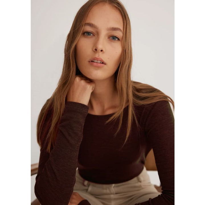 Morri Merino Rib Round Neck | Chocolate - Tops