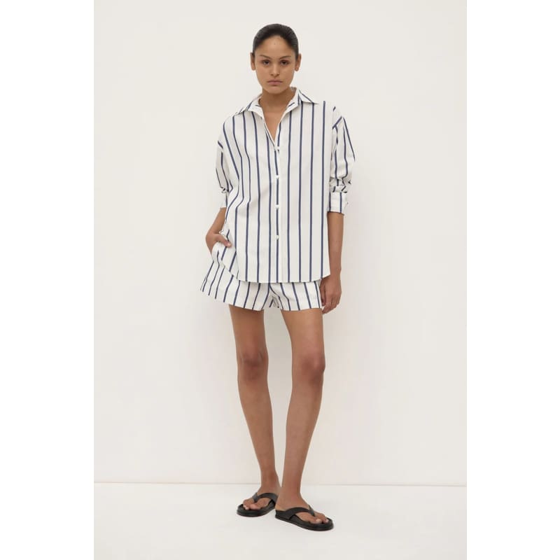 Nara Stripe Long Sleeve Shirt | White & True Navy - Tops