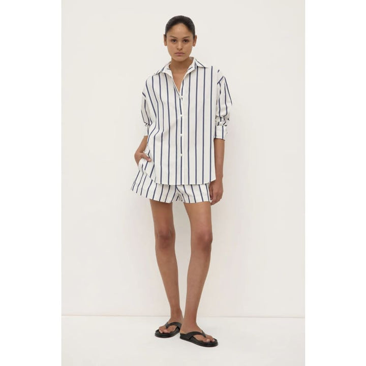 Nara Stripe Long Sleeve Shirt | White & True Navy - Tops