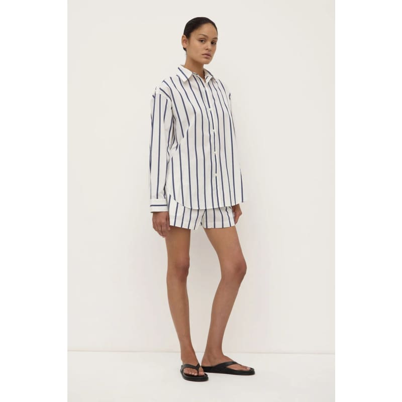 Nara Stripe Long Sleeve Shirt | White & True Navy - Tops