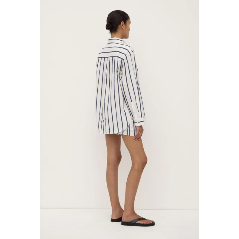 Nara Stripe Long Sleeve Shirt | White & True Navy - Tops
