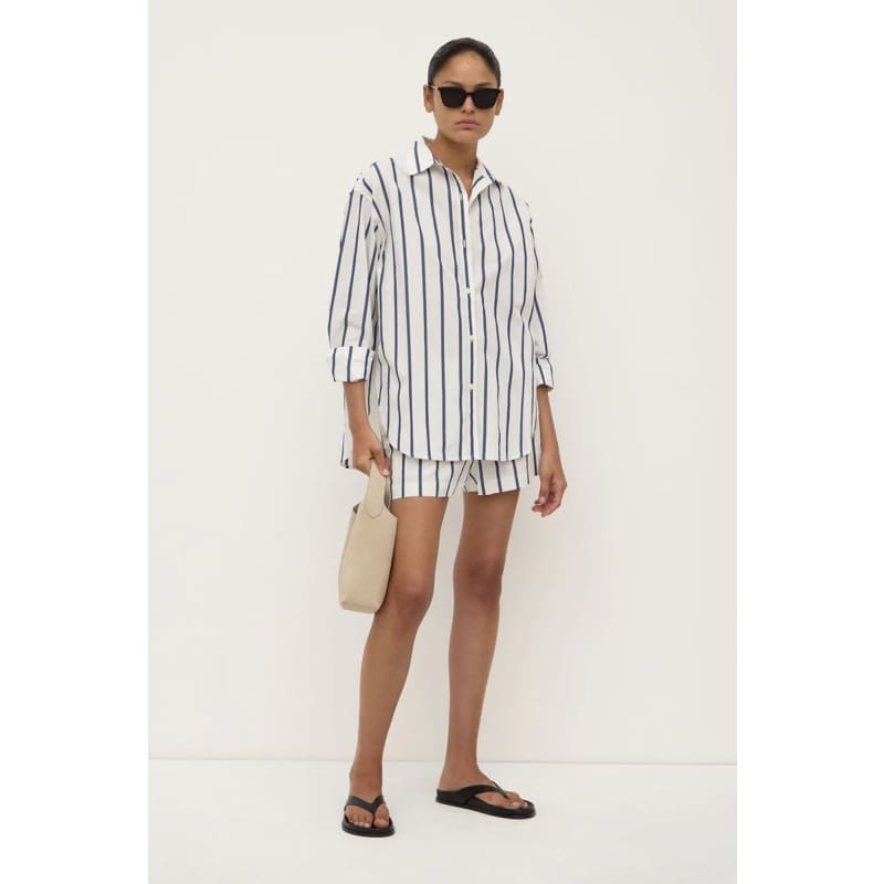 Nara Stripe Long Sleeve Shirt | White & True Navy - Tops