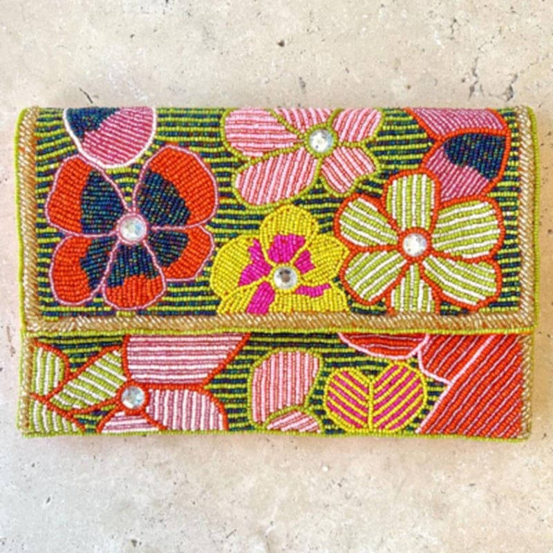 Olive Flower Beaded Clutch - Accessories