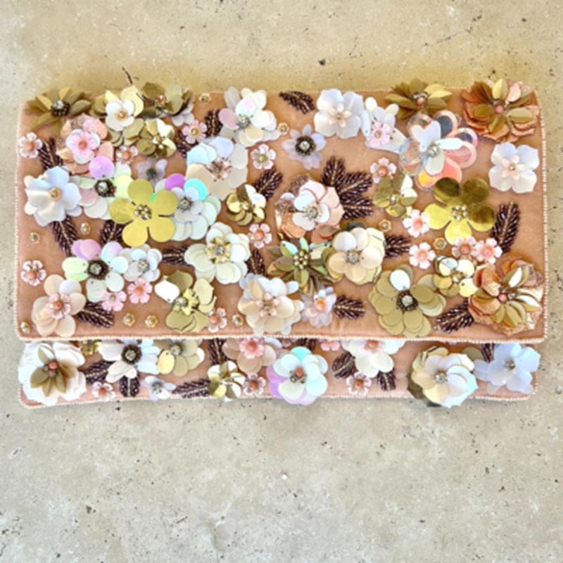 Peach Flowery Beaded Clutch - Accessories