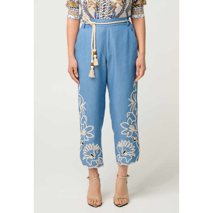 Petite Helm Tencel Embroidered Straight Leg Pant | Sky - Bottoms