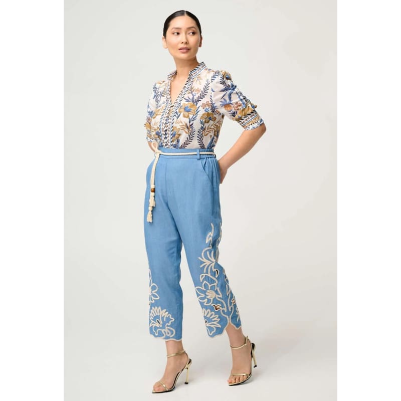 Petite Helm Tencel Embroidered Straight Leg Pant | Sky - Bottoms