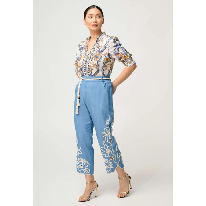 Petite Helm Tencel Embroidered Straight Leg Pant | Sky - Bottoms