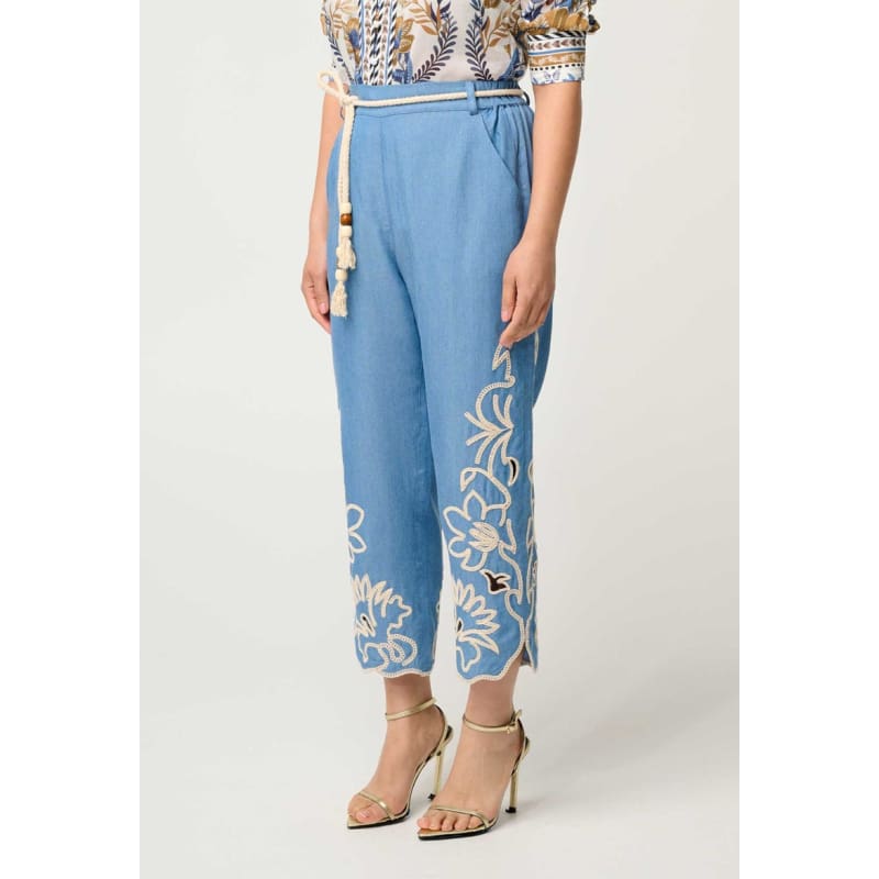 Petite Helm Tencel Embroidered Straight Leg Pant | Sky - Bottoms