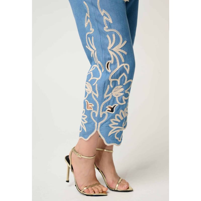 Petite Helm Tencel Embroidered Straight Leg Pant | Sky - Bottoms