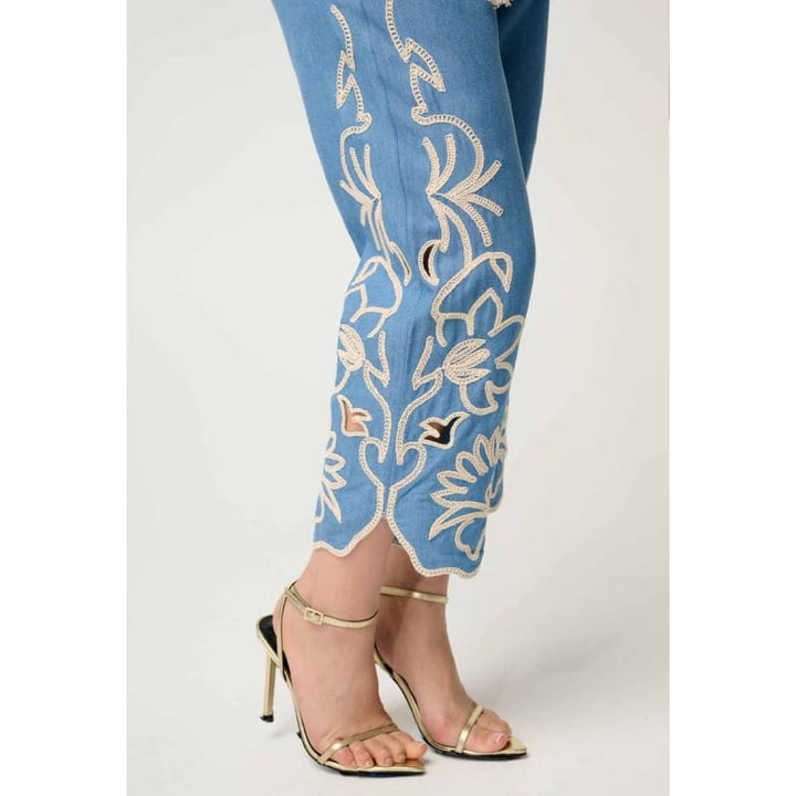 Petite Helm Tencel Embroidered Straight Leg Pant | Sky - Bottoms