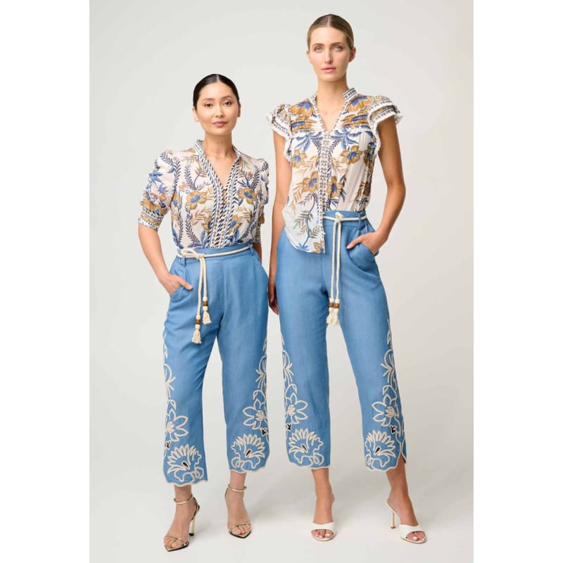 Petite Helm Tencel Embroidered Straight Leg Pant | Sky - Bottoms