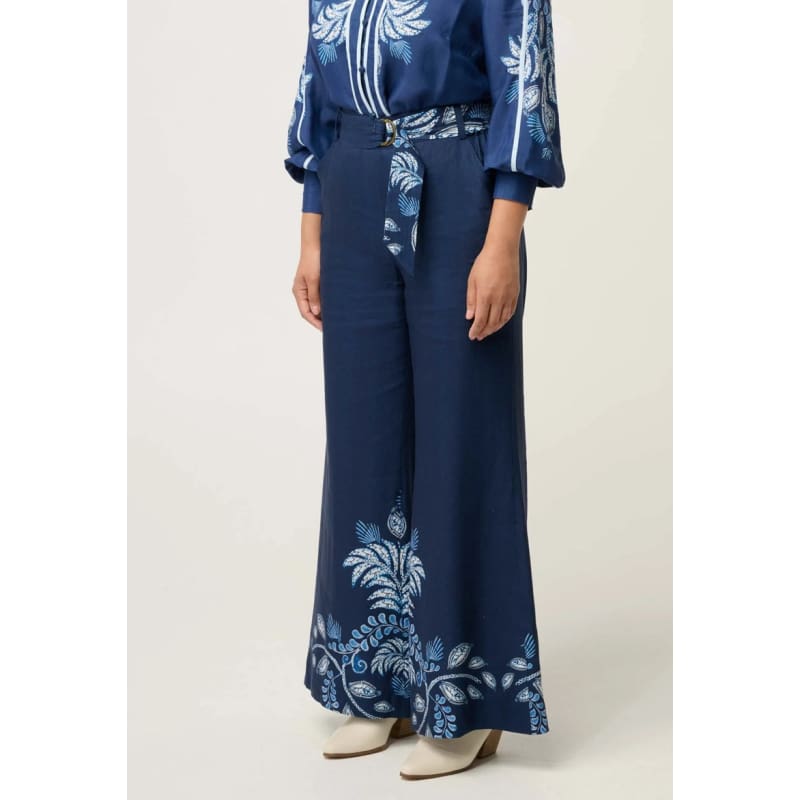 Petite Sloane Linen Viscose Wide Leg Pant With D-Ring Belt | Moonlit Batik - Bottoms