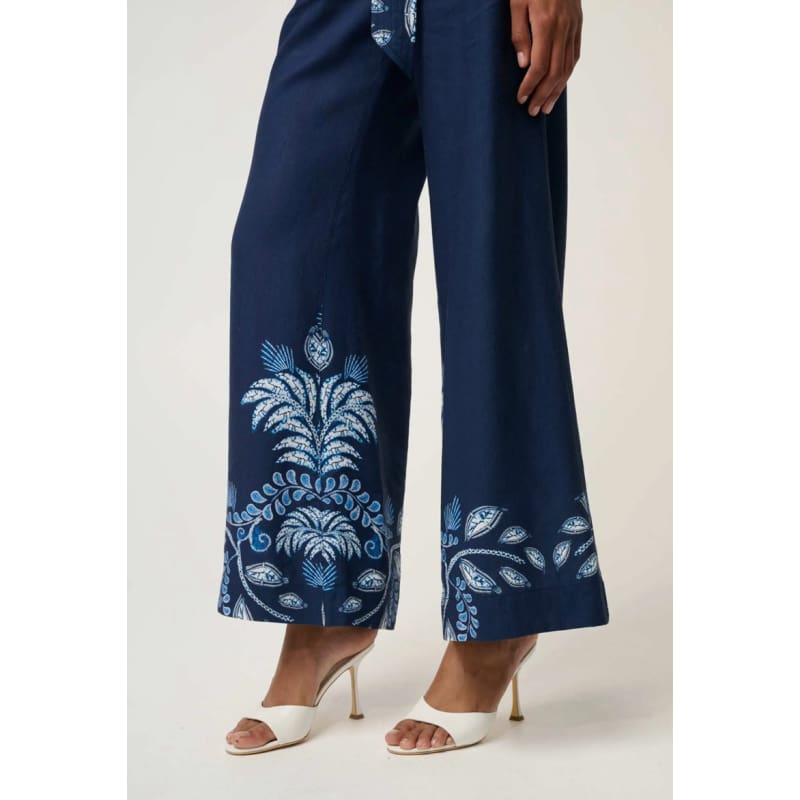 Petite Sloane Linen Viscose Wide Leg Pant With D-Ring Belt | Moonlit Batik - Bottoms