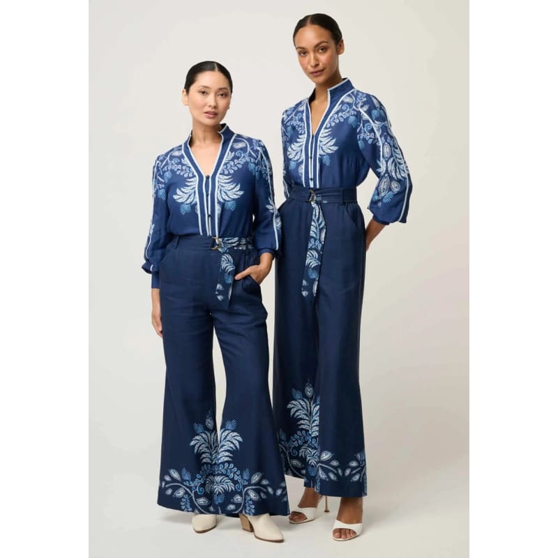 Petite Sloane Linen Viscose Wide Leg Pant With D-Ring Belt | Moonlit Batik - Bottoms