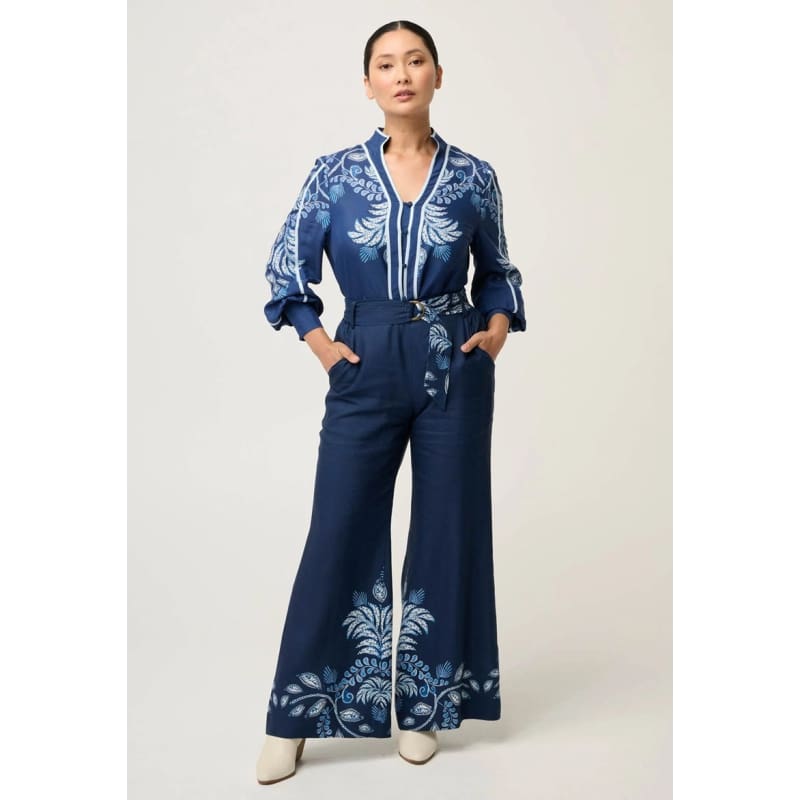 Petite Sloane Linen Viscose Wide Leg Pant With D-Ring Belt | Moonlit Batik - Bottoms