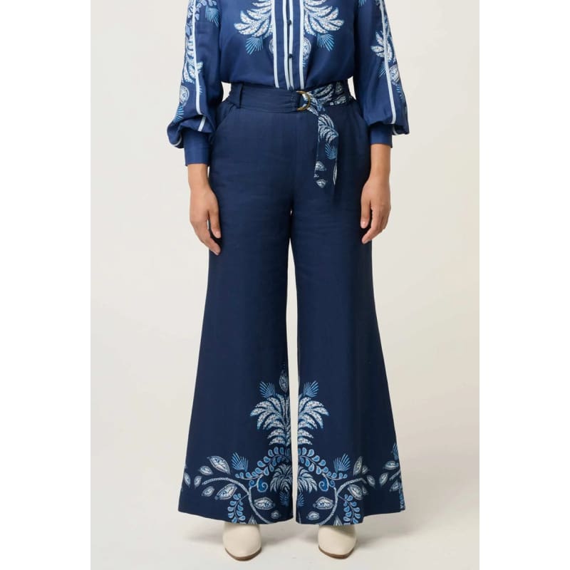 Petite Sloane Linen Viscose Wide Leg Pant With D-Ring Belt | Moonlit Batik - Bottoms