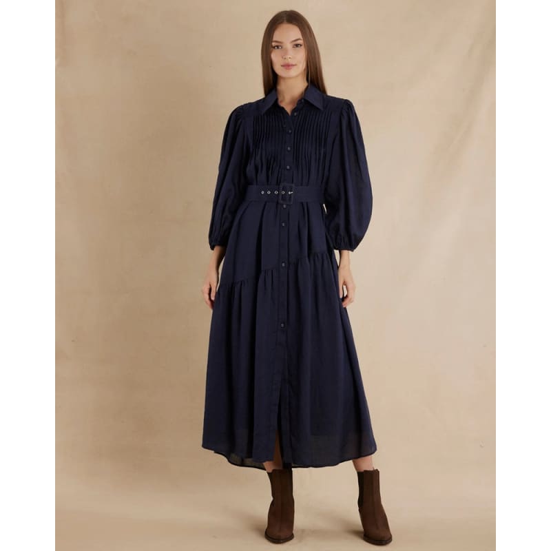 Poeta Ramie Pintuck Belted Dress | Navy - Dress