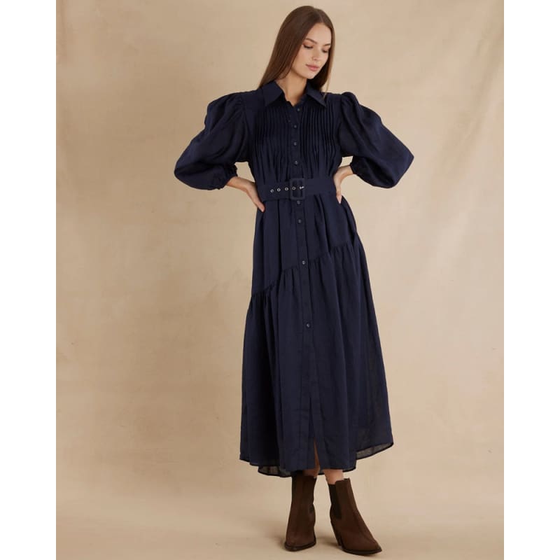 Poeta Ramie Pintuck Belted Dress | Navy - Dress