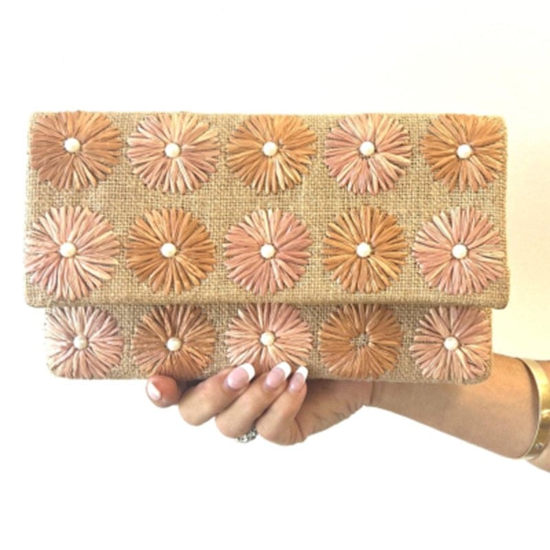 Raffia Brown Daisy Clutch - Accessories