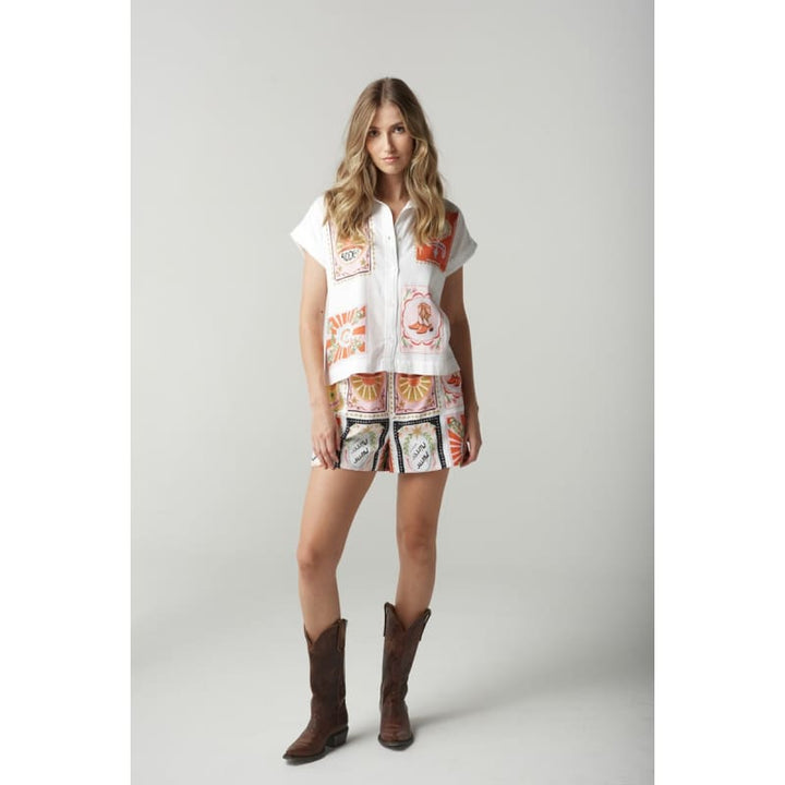 Rodeo Patch Cap Sleeve Shirt | Rodeo Print C1437 230 Tops