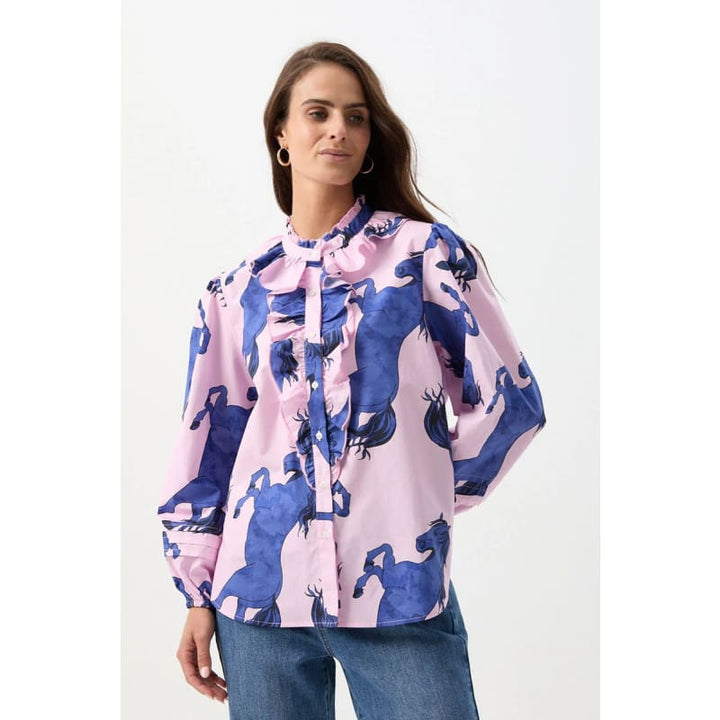 Ruffle Front Blouse | Stallion Print - Tops