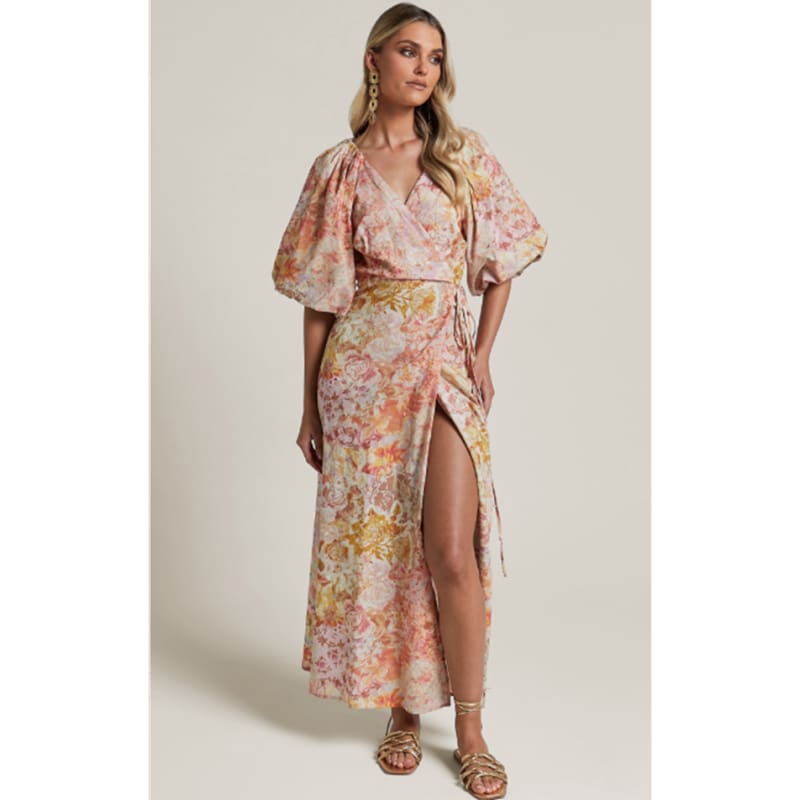 Santana Linen Blend Puff Sleeve Wrap Midi Dress | Morocco Print - Dress