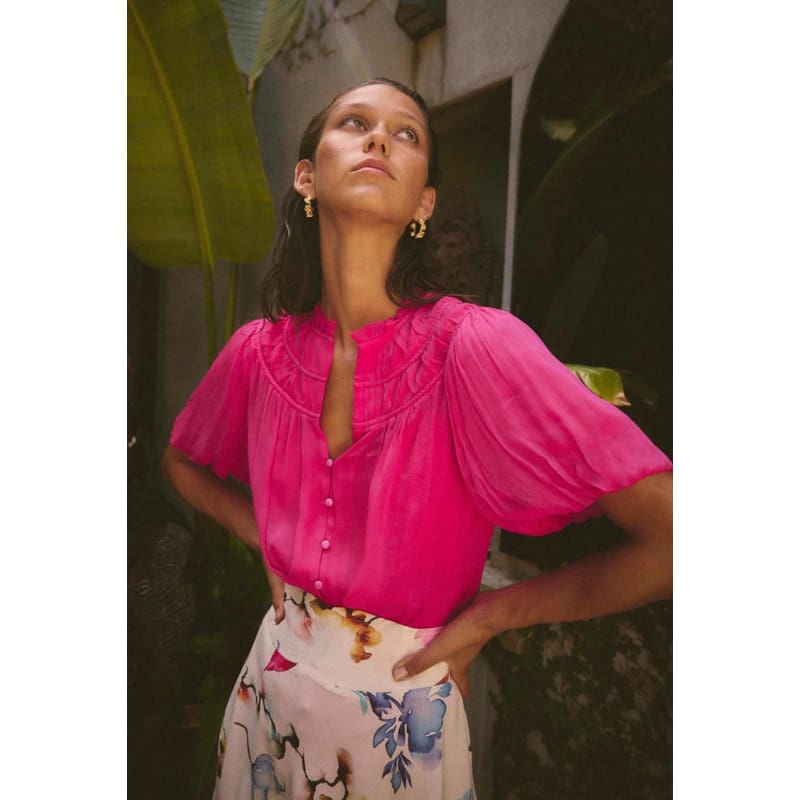Selini Braided Neck Viscose Chiffon Blouse | Celosia Pink - Tops