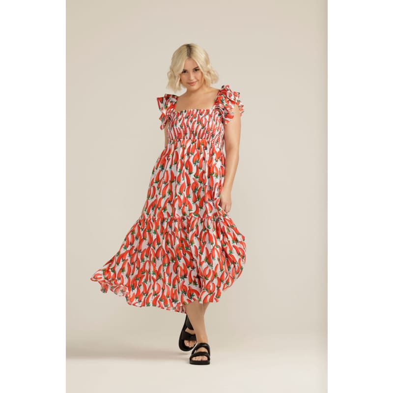 Shirred Bodice Dress | Chilli Print - Dress