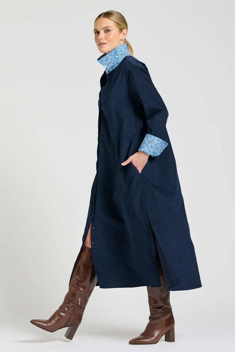 The Amelie Shirtdress | French Navy Pincord With Paisley Trim