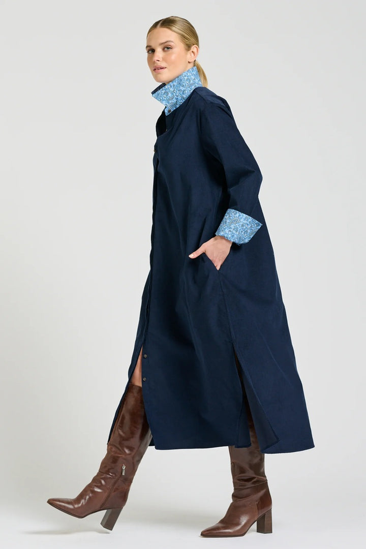 The Amelie Shirtdress | French Navy Pincord With Paisley Trim